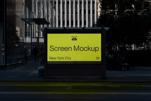 Urban outdoor screen mockup display in a city environment for advertising design presentation, suitable for graphic templates.